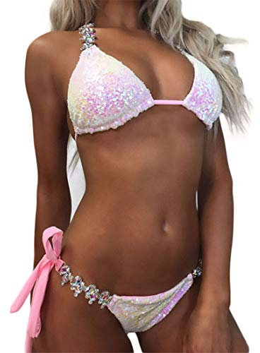 Damen Trikini Set Pailletten Triangel BH Tops Spaghetti Träger und Bikinislip Frauen Strandmode Bikini Sommer Swimsuit Bademode Badeanzug mit Strass Schwimmanzug (XL, rosa A)