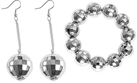 shoperama Damen Schmuck Set Discokugel Spiegelkugel Armband Ohrringe Silber Kostüm-Zubehör 70er Siebziger 80er Achtziger