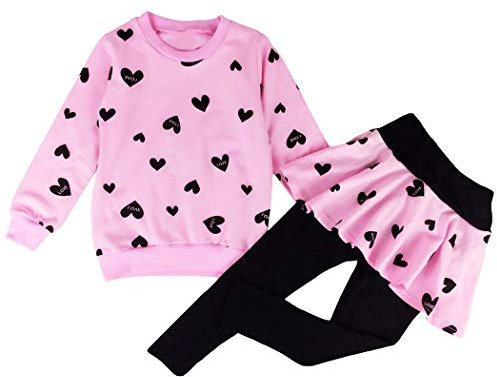 DHASIUE Girls Toddler Cute Outfits Clothing Set Hearts Print Long Sleeve Sweatshirt T-Shirt Tops & Pantskirt Skirt Leggings Trousers Age 3-4 Years