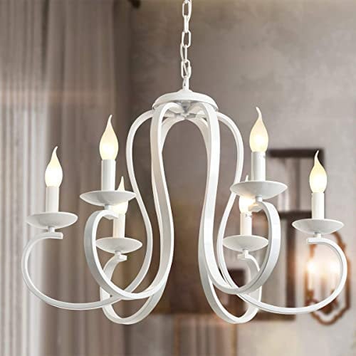 Ganeed Französisch Land Kronleuchter Kerzenstil Kronleuchter Vintage Metall Pendelleuchte Kronleuchter Decke Pendelleuchte für Esstisch Insel Küche Wohnzimmer Weiß 6 Lichter