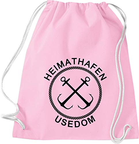 Shirtinstyle Turnbeutel, Heimathafen Usedom Sprüche Spruch, Gym Sack Tasche Beutel, Urlaub See Hafen Strand Familie, Farbe Rosa