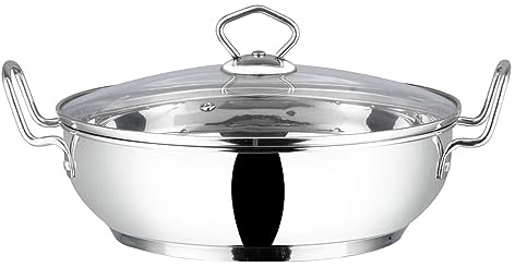 Vinod Kadai Schmorpfanne mit Edelstahl, Glas-Deckel, Premium Qualität Kochtopf groß, Fleischtopf, Wok induktionsgeeignet mit hoher Rand - Silber meat pot Casserole 26 cm