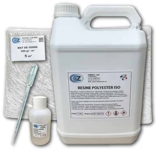 Résine Polyester iso 5 Kg + 5 m² Tissu de verre 300 gr/m² + Catalyseur + Pipette dosage