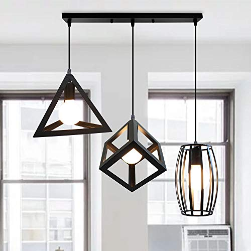 iDEGU 3 Lampes Suspensions Luminaire Design Géométrique Moderne E27 Lustre Suspensions Abat Jour en Métal Plafonnier pour Chambre Salon (Noir-barre)