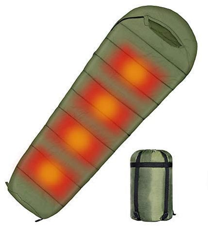 Beheizter Mumienschlafsack für Erwachsene, USB, wasserdicht, elektrisch, für warmes kaltes Wetter, 3 Jahreszeiten, Camping, Reisen, Wandern, Outdoor-Aktivitäten (grün)