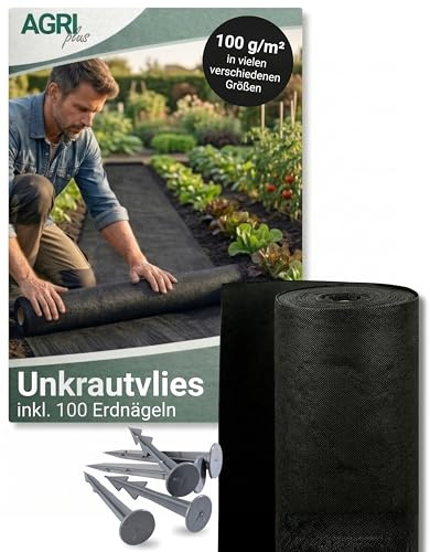AGRI plus Unkrautvlies mit 100 Erdnägeln I 1,6 x 25 m I Verschiedene Maße I 100 g/m² Gartenvlies I UV-beständig, reißfest & wasserdurchlässig I Effektive Unkrautkontrolle für Beete & Mulchflächen