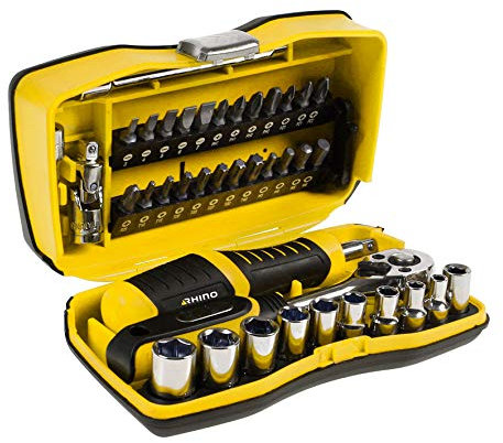 RHINO - Jeux de douilles, Coffret de vissage 39 pièces avec clé à cliquet + tournevis porte-embouts / porte-douilles - Chrome vanadium - Garantie 5 ans - 9 douilles & 24 embouts (Plats, PH, PZ, T, H)