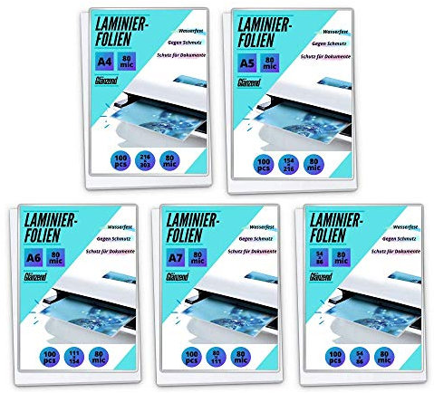 MK PREMIUM Laminierfolien-Set 5x100 Stück - 80 mic A4/A5/A6/A7/54x86 mm - Laminierfolien Starterset
