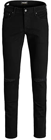 JACK & JONES Mens Black Ripped Jeans Skinny Fit Casual Cotton Blend Low Rise Ripped Jeans for Men UK, Black Colour, Size- 36W / 34L