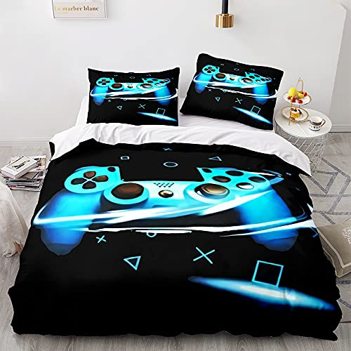 Gamepad-Bettwäsche-Set für Jungen Männer Videospiele Bettbezug für Teenager Kinder Spielzimmer Dekoration Schwarz Klassischer Retro-Gaming-Bezug mit Controller-Knopf (Blau,200 x 200 cm)