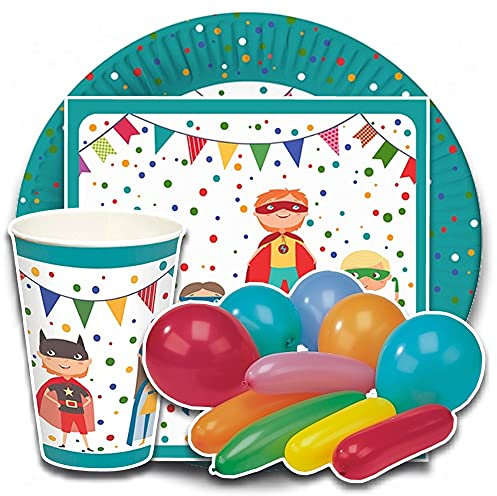 tradingbay24 Party-Set Superhelden (80-teilig: Servietten, Teller, Becher, Luftballons) tbK0051 Superheroes Einweg-Party-Set Party-Deko-Set für Jungen