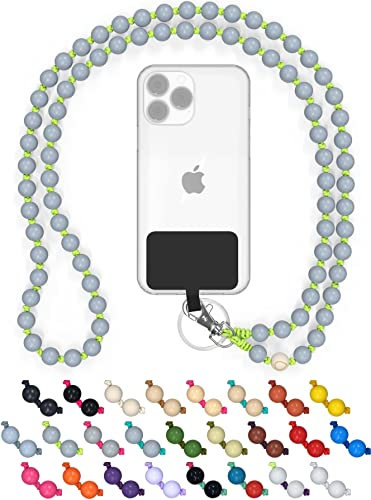 DROPLETSY Holzperlen Handykette universal, handgefertigt, Schlüsselband, Kette, Necklace zum Umhängen - kompatibel mit Allen Smartphones: Apple iPhone, Samsung Galaxy (ohne Hülle, Neon Shark)