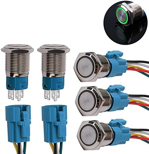 JIQI 5× 16mm 12V bis 24V 3A Verriegelung Druckschalter Metall Rastend EIN/AUS Schalter mit LED Licht IP66 1NO1NC Selbsthemmend wasserdicht vorverdraht Druckknopfschalter für Van KFZ DIY Motorrad(Grün)