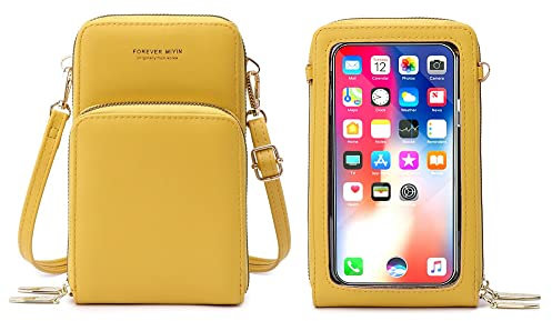 RRANCharltu Sac à Bandoulière pour Téléphone Portable Femmes Sac à Ecran Tactile Cuir PU Pochette Portefeuille Femme Porte Cartes avec Bandoulière et Dragonne (Jaune)