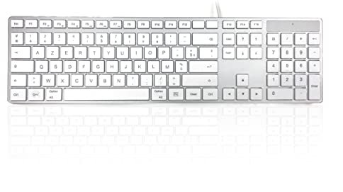 Accuratus 301 MAC USB Type C - USB Type C Wired Full Size Apple Mac Multimedia Keyboard with White Square Tactile Keys and Silver Case - French Mac Layout