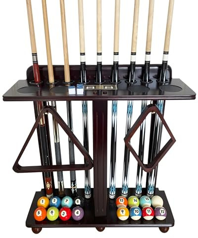 GACCO BILLIARDS Billardqueue-Ständer für 9 Queuestöcke und Billardzubehör Eckständer Poolqueue-Halter aus 100% massivem Hartholz mit Billard-Punktezähler (nur Queue-Gestell (traditionelles Mahagoni)