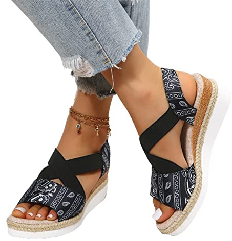 VALINK Sandali da donna con zeppa e plateau, stile etnico, con cinturino incrociato, estivi, stile etnico