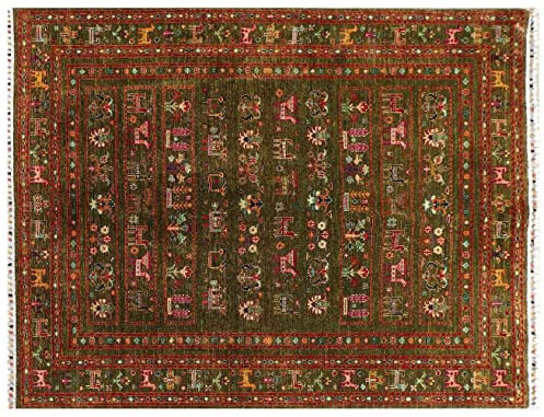 RUG PRINCE Afghan Ziegler Khorjin Ariana Teppich 150x200 Handgeknüpft Grün Gestreift Orient