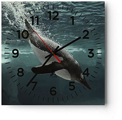 Modern Wanduhr Tauchen Pinguin Gletscher 40x40cm Quadrat Groß Wand Uhr Glas Analog Zimmeruhren Küche Büro Wohnzimmer Glasuhr Wall Clock Dekoration Design Wanddekoration Küchenuhr C4AC40x40-4189
