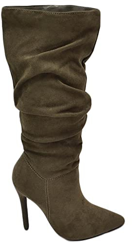 Stivali Donna Alti in camoscio Verde Camouflage Militare al Ginocchio a Punta Arricciati con Zip Tacco Spillo 10cm (39 EU)