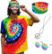 XonyiCos Hippie-Kostüm für Herren und Damen, 60er und 70er Jahre, buntes T-Shirt, Sonnenbrille, Stirnband, Friedenskette, 4-teiliges Set für Motto-Party, L
