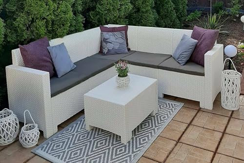 Dmora - Loungeset für draußen Eris, Outdoor-Lounge mit Couchtisch, Terrassenset mit Kissen, Gartenkomposition mit Sofa und Sesseln, Made in Italy, Weiß