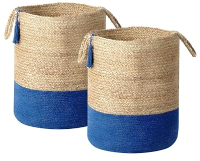 Woven Cotton Jute Storage Laundry Basket Bin Set Beige and Navy Gajar
