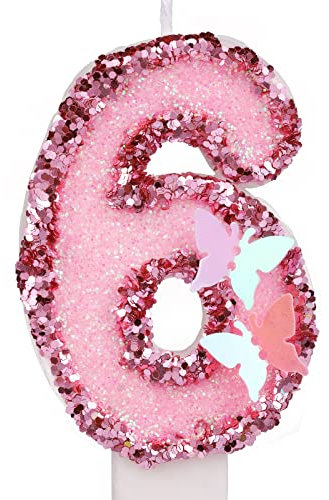7,5cm Geburtstag Nummer Kerzen, Glitzernde Zahlenkerze Rosa Zahlenkerzen Kuchenaufsatz Schmetterlings-Geburtstagskerzen mit Pailletten für Jubiläumsfeiern (Nummer 6)