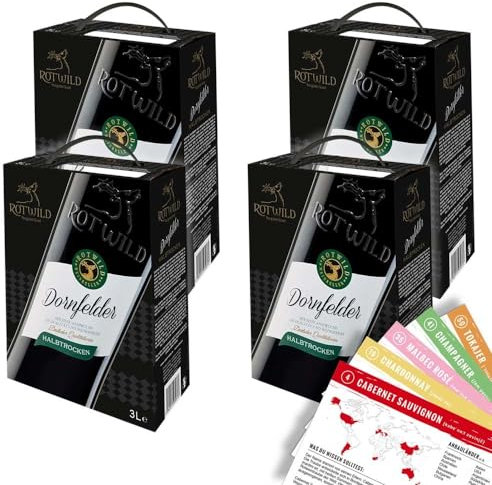 Rotwild Dornfelder QbA, halbtrocken, Bag-in-Box, sortenreines Weinpaket + VINOX Winecards (4x3,0l)