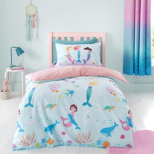 Catherine Lansfield Wende-Bettwäsche-Set mit Kissenbezügen, Meerjungfrauen-Design, für Doppelbett, Blau