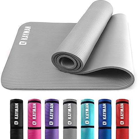 KAYMAN Yoga & Exercise Mat with Carry Strap, Large Non-Slip Comfortable Training & Workout Floor Mats for Home or Outdoor, Gym, Pilates, Gymnastics, HiiT, Stretching & Meditation (Grey)