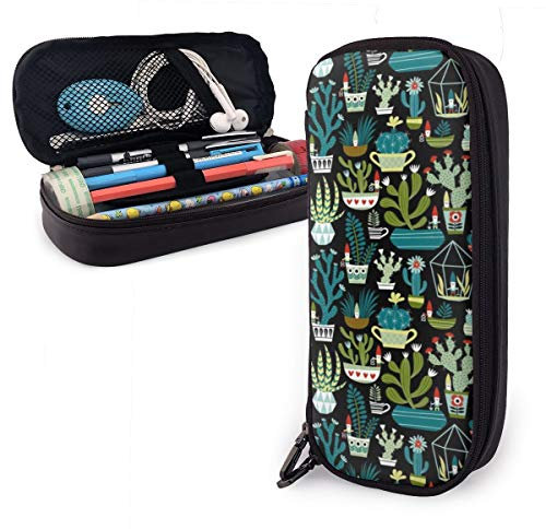BAAROO Leather Pencil Case Gnomes Succulents Cactus Cacti Terrarium Pencil Case Large Capacity Pencil Bag Durable Stationery Or