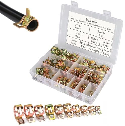 100 Stück Schlauchschellen, 6-22mm Schlauchfeder Federklemmen, Kraftstoffleitung Federbandschellen, Benzin Rohrschellen Set für Luftschlauch, Wasserleitung