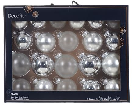 Decoris Weihnachtskugeln Glas 5-7cm 21er Set - matt & glänzend & transparent - Christbaumkugeln Weihnachtsbaumkugeln für Weihnachtsbaum - Kerstbal Glas d7 cm zilver Ass 21st kerst Silber