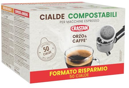 Crastan, Boîte de 50 dosettes ESE Compostables d'Orge & Café, Dosettes Compatibles avec la Machine à Espresso, 100% Made in Italy
