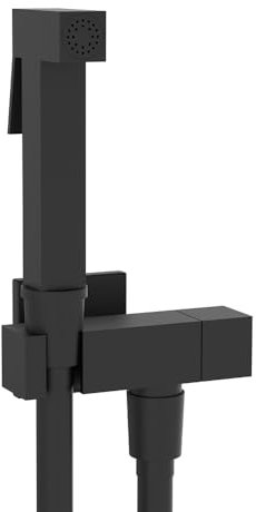 Idroscopino per wc e bidet nero opaco quadrato in ottone, con supporto e flessibile 90 cm, sistema anti-allagamento con pulsante d’arresto