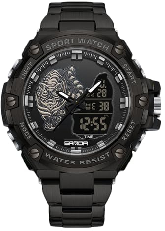 rorios Herren Elektronische Dual Display Uhr 5ATM wasserdichte Armbanduhr Digital Analog Quarz Uhren Multifunktional Militär Herrenuhren Edelstahl Armband Schwarz A