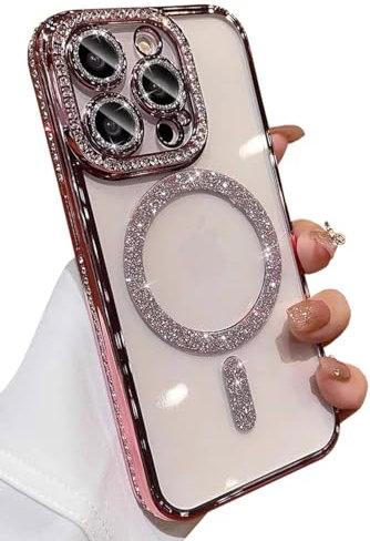 Kwhapoo Luxury Bling Magnetic Compatible with iPhone 14 Pro Max 6.7 Inch Glitter Case, Cute Soft Clear Rhinestone Diamond Compatible with MagSafe Camera Lens Protection Cases for Women(Rose Gold)