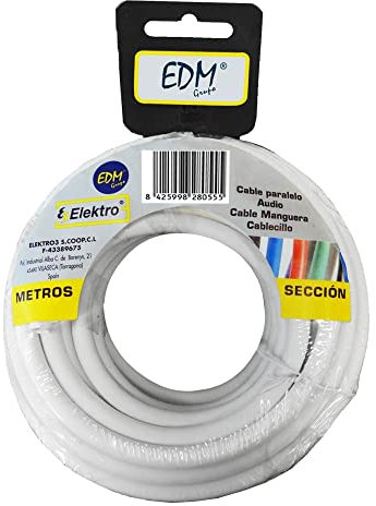 Carrete de cable paralelo 2x1mm blanco, 20m, ideal para audio, conexiones eléctricas y proyectos de sonido.