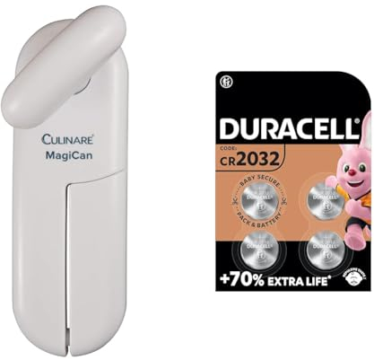 Culinare C10015 MagiCan Tin Opener, White, Plastic/Stainless Steel, Manual Can Opener & DURACELL 2032 Lithium Coin Batteries 3V (4 Pack) - Up to 70% Extra Life - Baby Secure Technology