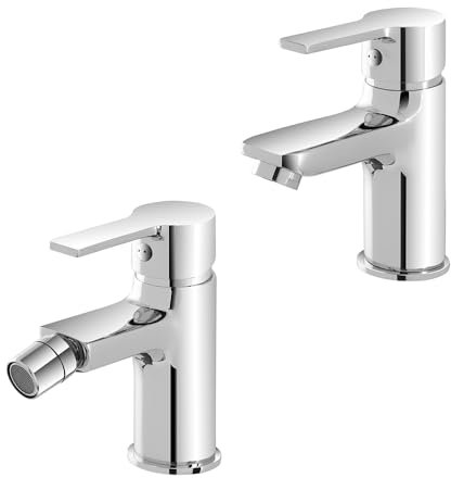 Set miscelatori lavabo e bidet con piletta automatica, in ottone cromato con leva monocomando, serie PRIMA