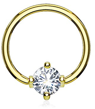 Paula & Fritz® Klemm-Ring Gold 1,2-mm Stark 10-mm Lang 3-mm Zirkonia Klar Chirurgenstahl 316L Closure Ring Septum-Piercing Nasenring Augenbraue-n Ohr