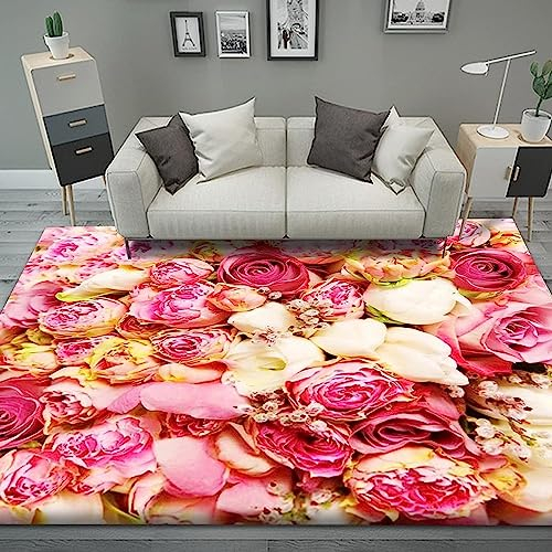 Wunderschöne Rosa Rosen 3D-Gedruckter Teppich Waschraum Bodenmatte Teppiche Für Wohnzimmer Kinderzimmer Schlafzimmer Outdoor-Teppiche Geburtstagsgeschenk 62,9 X 90,5 Zoll - Leicht Zu Reinige -1K5X-K5Q