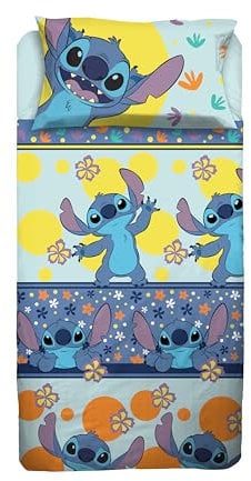 Stitch, Bettwäsche-Set für Einzelbett, Disney, Bettlaken, Spannbettlaken, Kissenbezug, Hellblau, Disney, 100% Baumwolle, offizielles Produkt