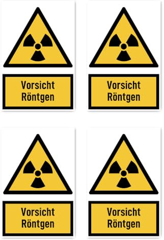 Autocollants : 150 x 100 mm, lot de 4 – Attention aux rayons X – Panneau d'avertissement avec texte (allemand) (jaune/noir) – Format portrait – W003 – DIN EN ISO 7010 / ASR A1.3