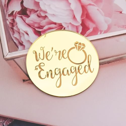 We Are Engaged Cupcake Toppers Engraved Discs - Pack of 6 - Proposal Party Cupcake Toppers - Engagement Cupcake Toppers - Acrylic Mirror Cake Topper