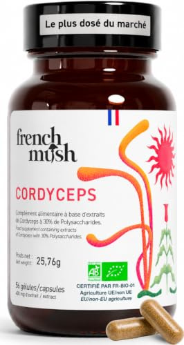 French Mush Cordyceps Bio - 56 Gélules Vegan | Vitalité, Endurance, Bien-Être, Champignon Adaptogène, Extrait Concentré, Testé en Laboratoire, Fabriqué en France
