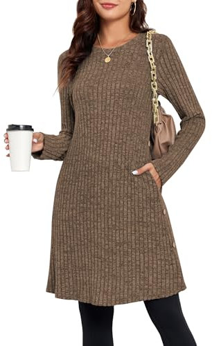 SENBATU Abito Maglione da Donna Abiti a Maniche Lunghe per Donna Abito a Tunica con Bottoni Laterali con Tasche caffè Medium