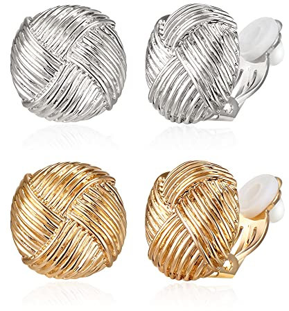 EVER FAITH 2 Paar Clip-Ohrringe Chunky Ohrringe Gold & Silber Set Knoten Ohrcips klobiger Twist Knot Clip on Ohne Ohrlöcher 14K Vergoldet
