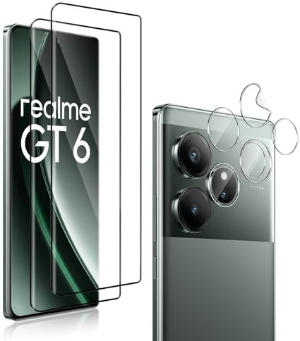 QULLOO [2+2 Piezas Protector de Pantalla para Realme GT 6 / GT6 / GT 6T Cristal Templado & Protector de Lente de cámara, 9H Dureza Vidrio Templado Sin Burbujas Film